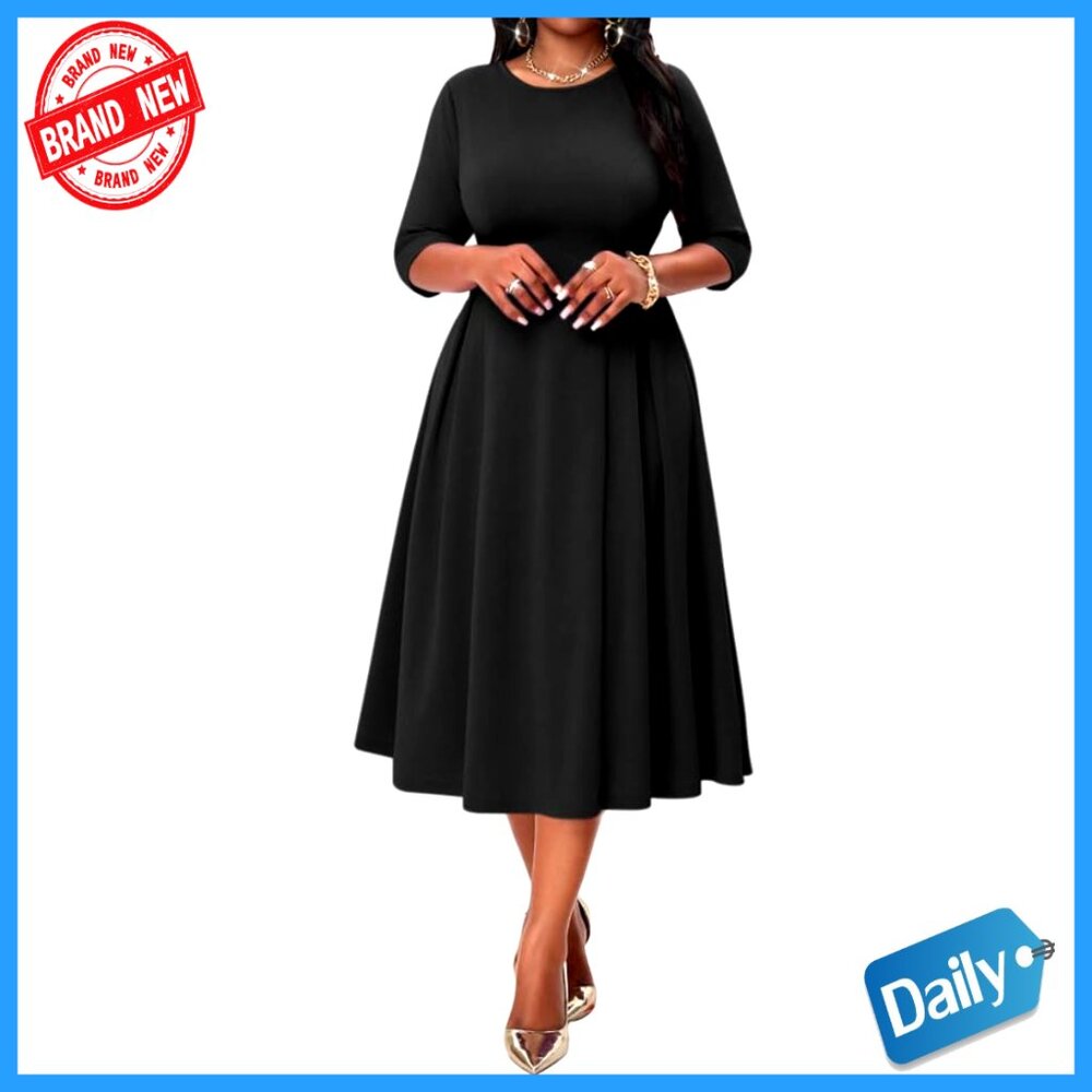 Midi Cocktail Dress 3/4 Sleeve With Pockets, Polyester Elastane, Work Church